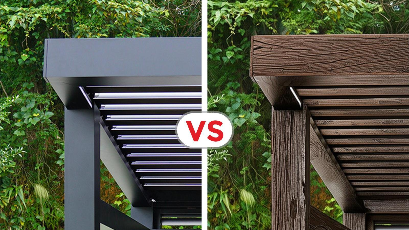 Aluminum vs wooden pergola comparison showing modern vs rustic styles