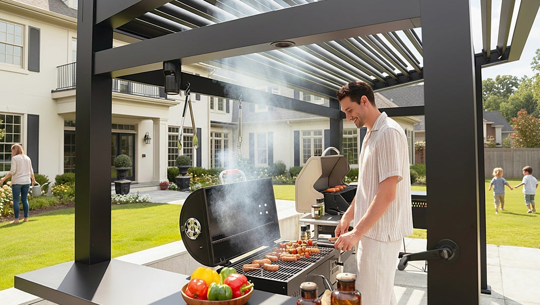 A man smiles while grilling sausages and skewers under a black LUXPATIO pergola in his backyard. In the background, a woman and a child are seen playing on the grass.