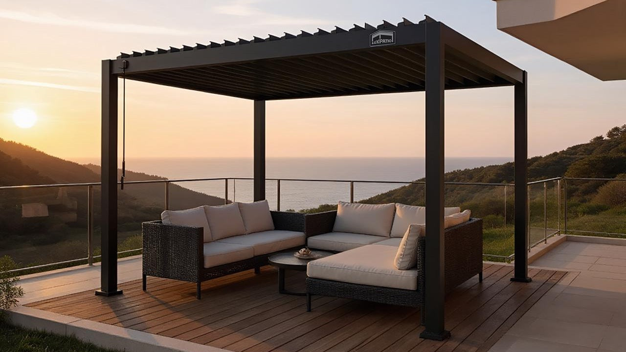 Seaside patio with lounge sofa under pergola at sunset