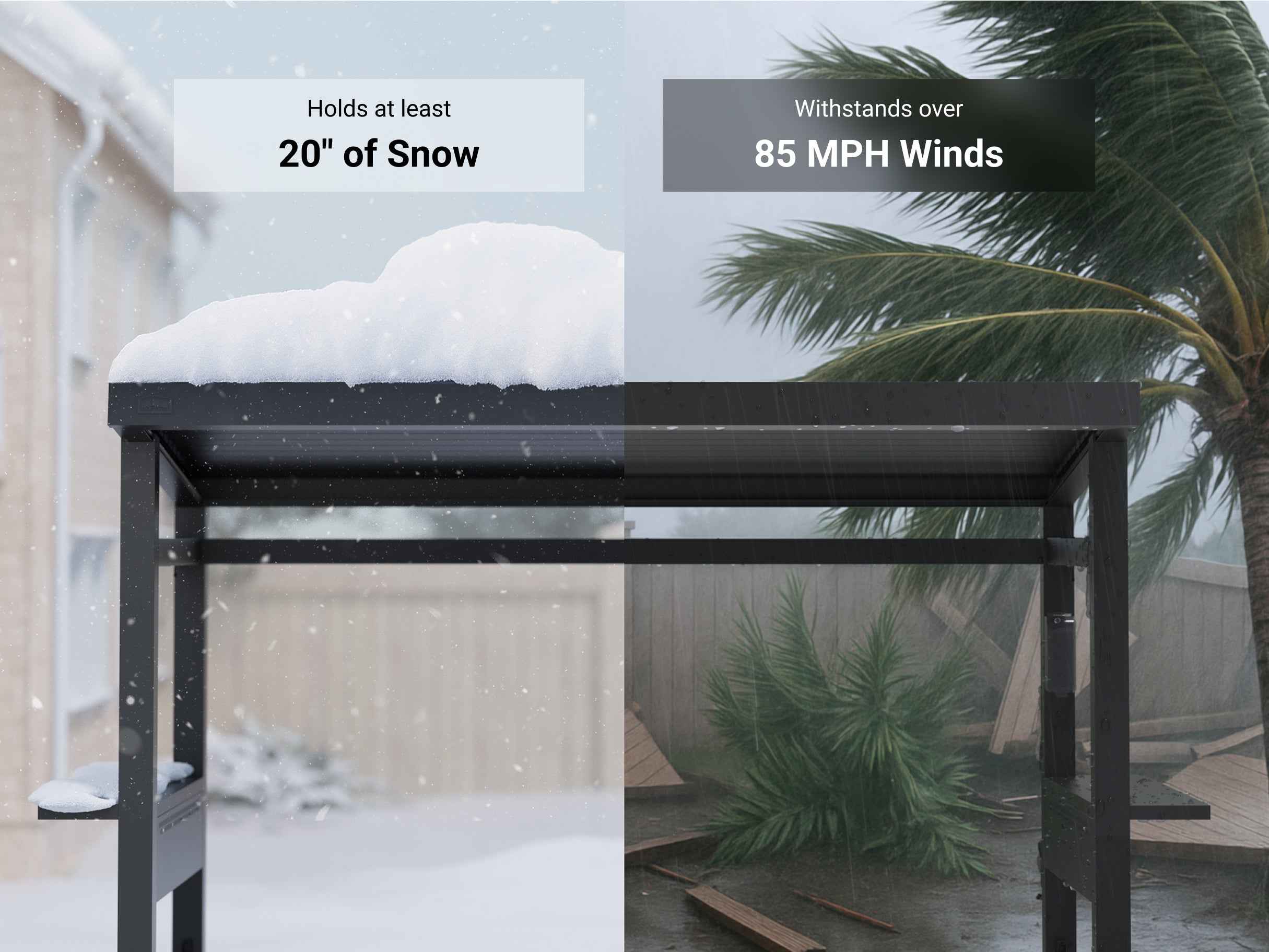 The durable Grill Louvered Pergola Lite made of modern black aluminum, shown withstanding over 20 inches of snow and 85 MPH winds..