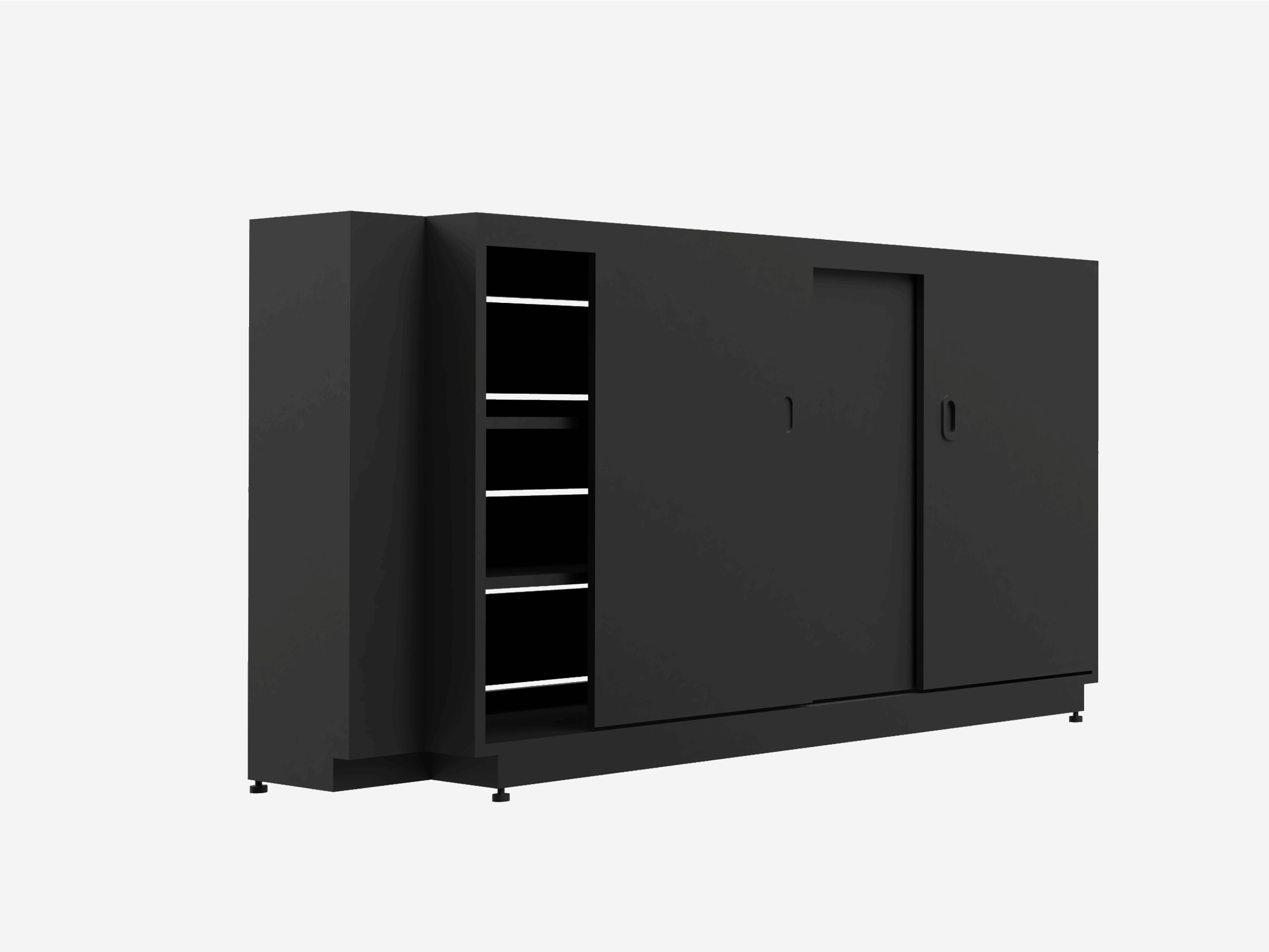 Black aluminum grill cabinet with sliding doors and open shelving, perfect for outdoor kitchen storage and organization.
