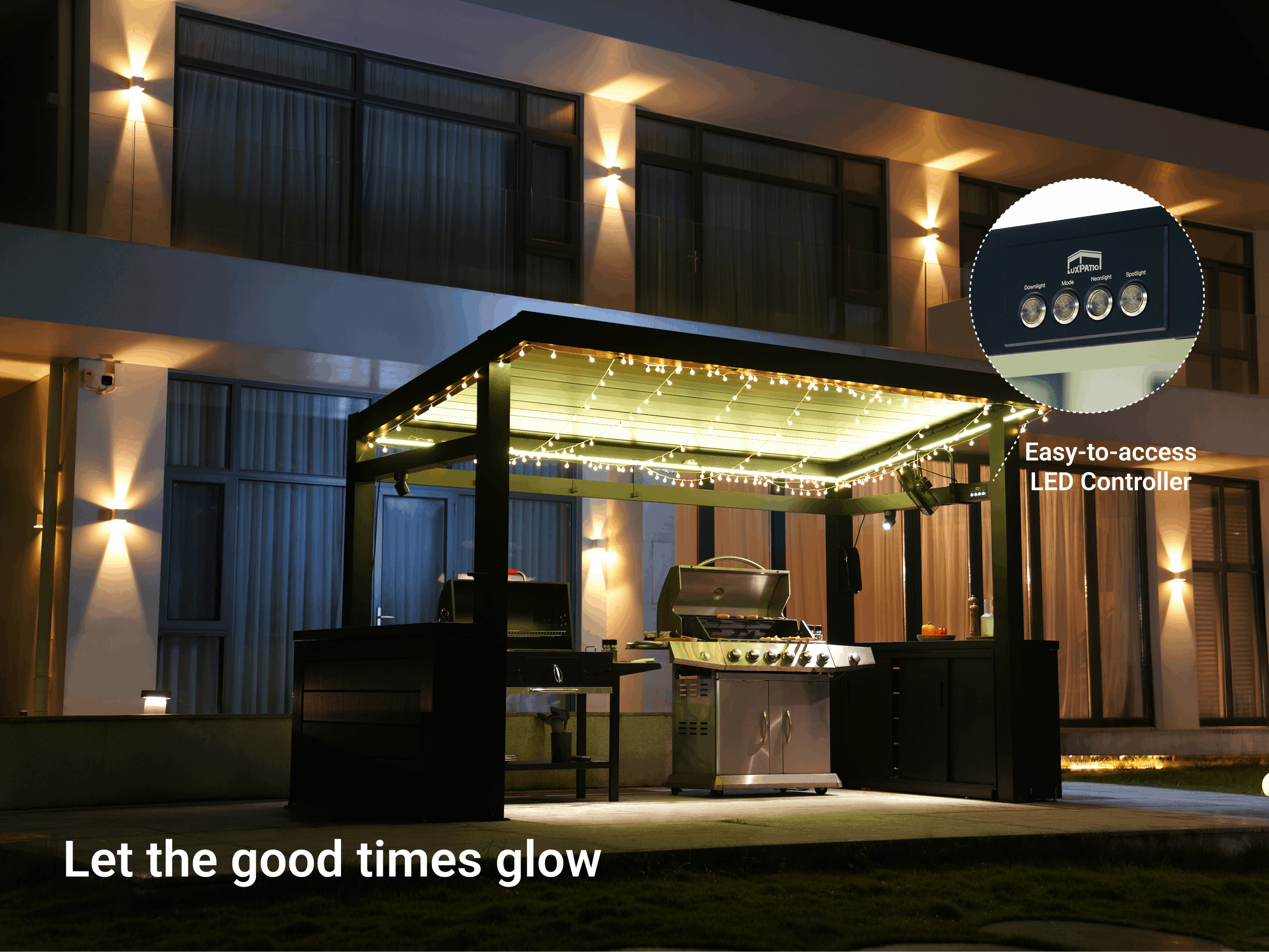 LuxPatio Grill Louvered Pergola Pro: outdoor grill with LED lighting and controller for backyard cooking and entertainment.