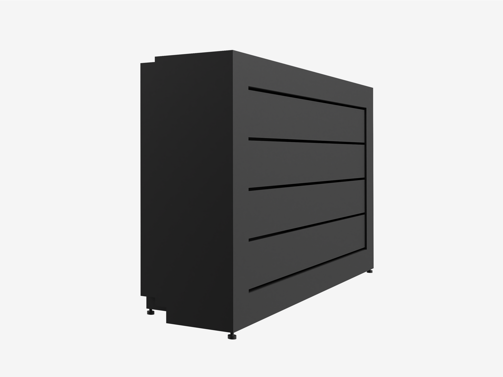 Black aluminum grill cabinet for outdoor kitchen storage, with a modern design and horizontal recessed lines.