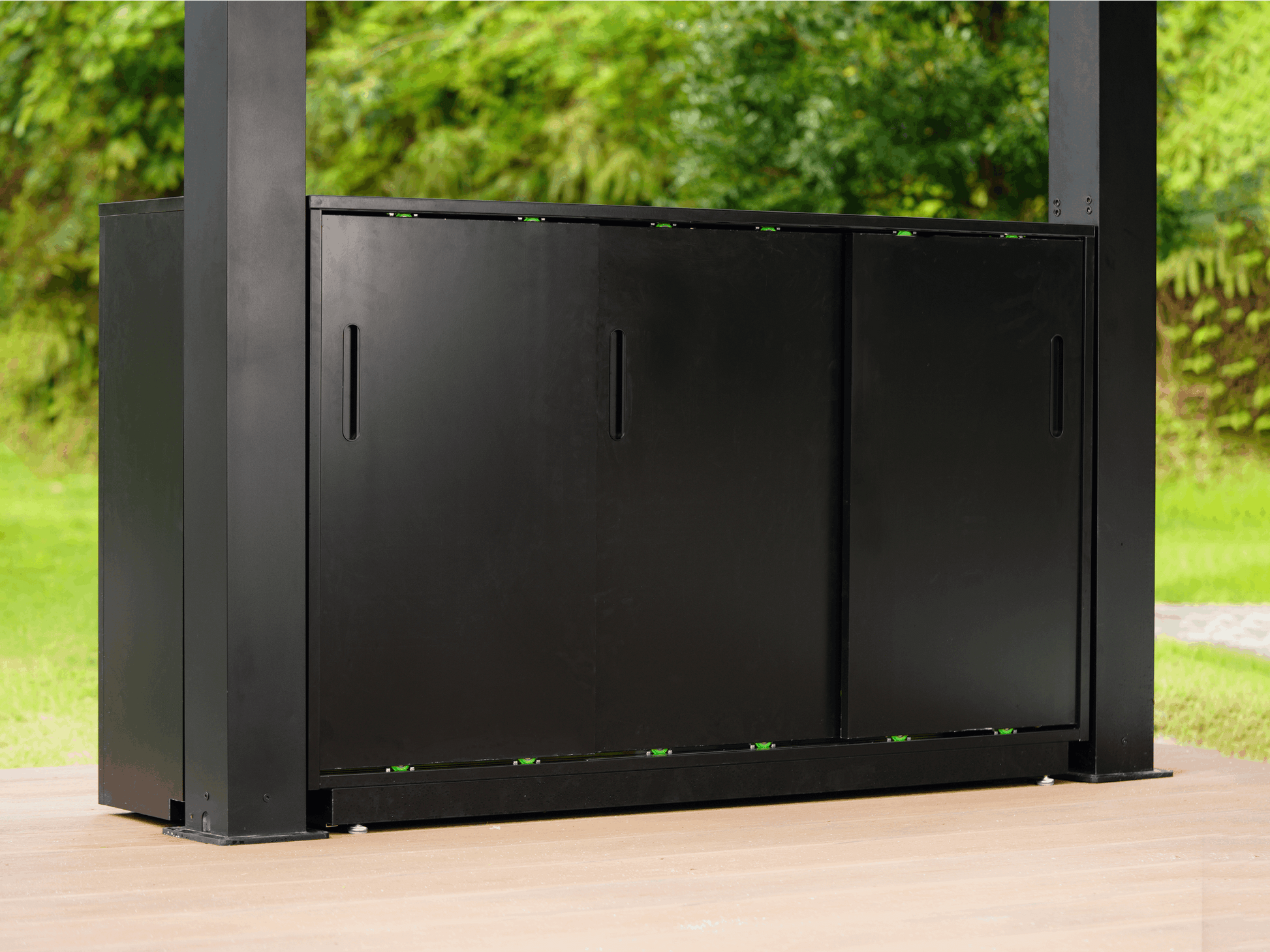 Black aluminum grill cabinet for NestGrill with sliding doors for outdoor kitchen storage..