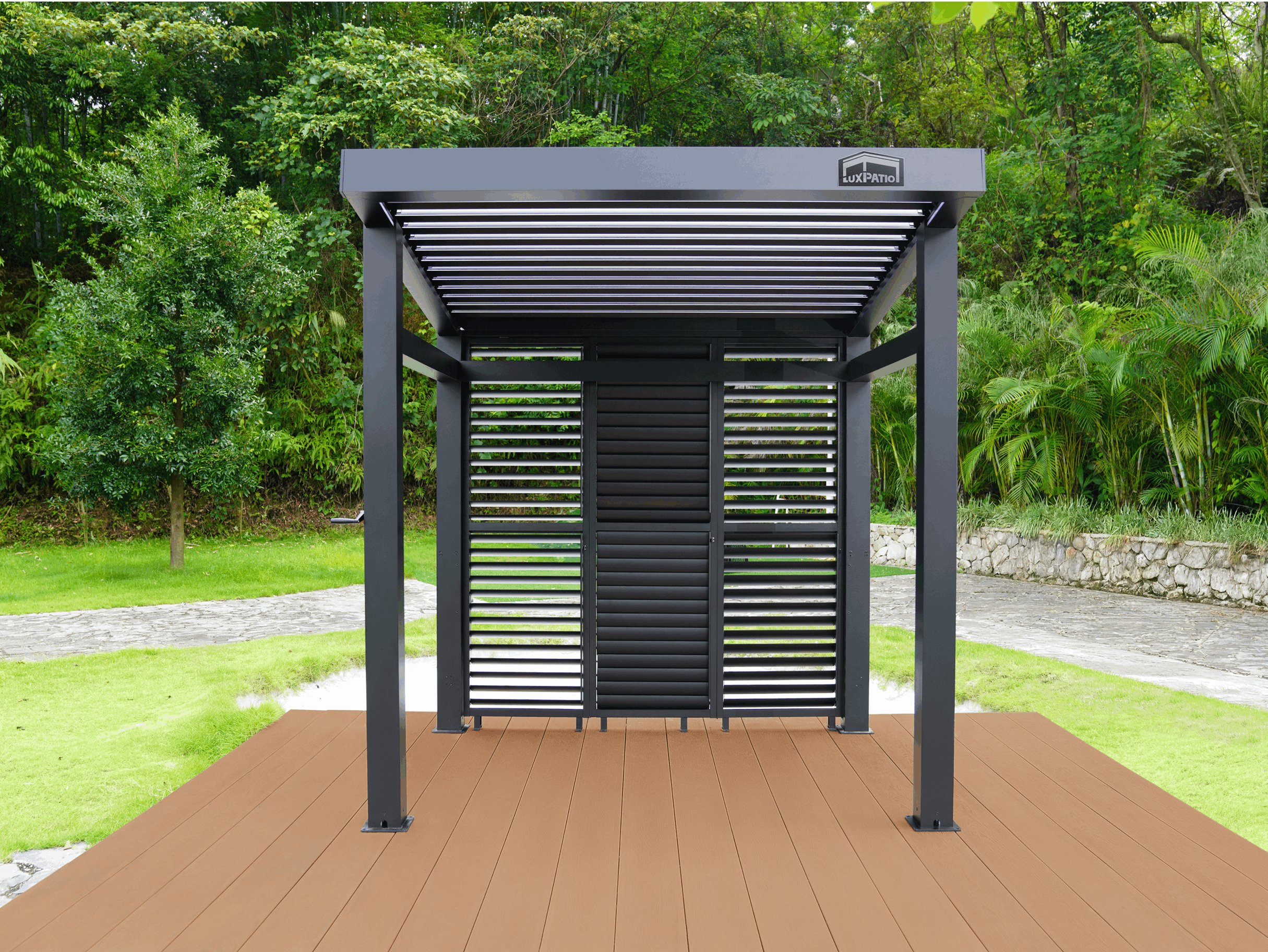 LuxPatio black aluminum slat wall for NestGrill outdoor spaces on brown deck.