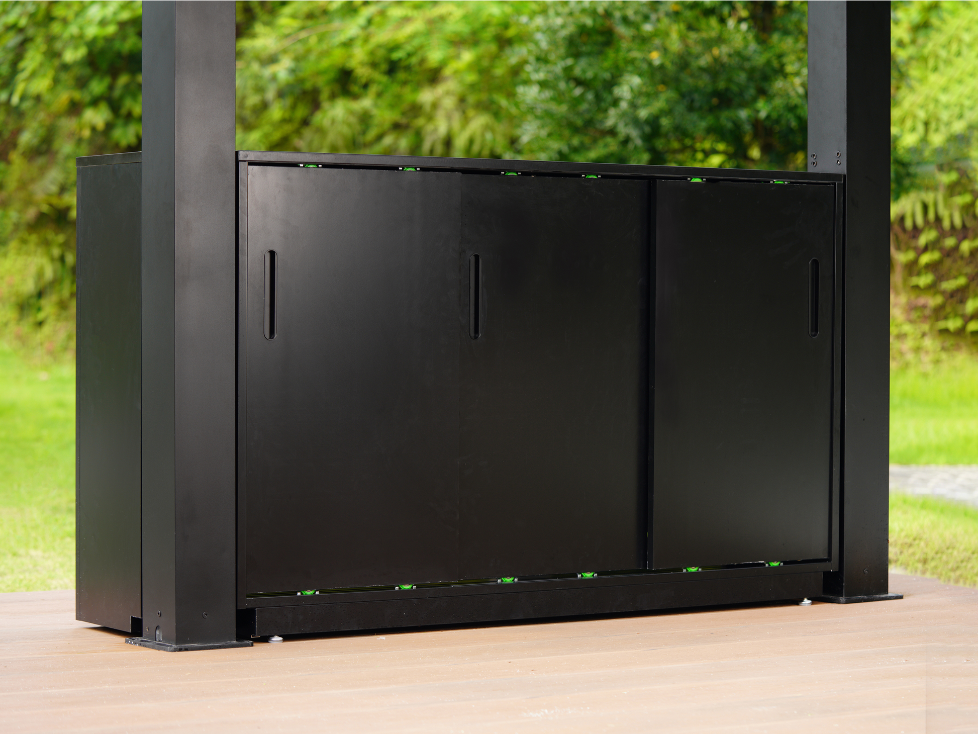 Black aluminum grill cabinet for NestGrill with sliding doors for outdoor kitchen storage..