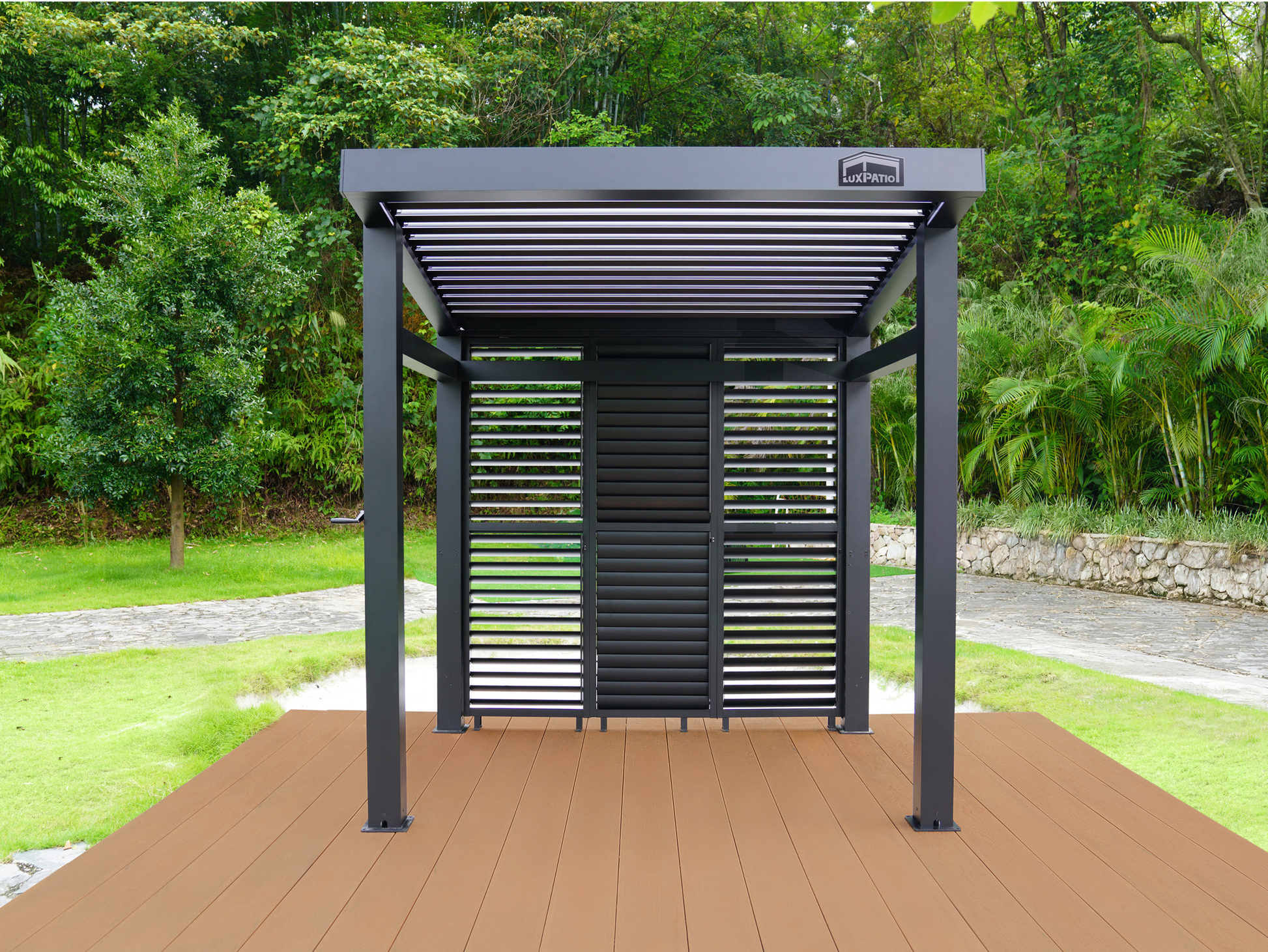 LuxPatio black aluminum slat wall for NestGrill outdoor spaces on brown deck.