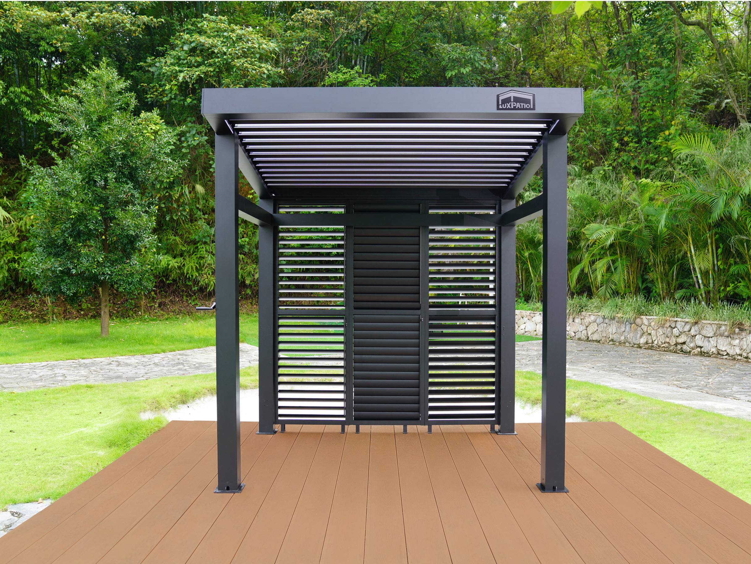 LuxPatio black aluminum slat wall for NestGrill outdoor spaces on brown deck.