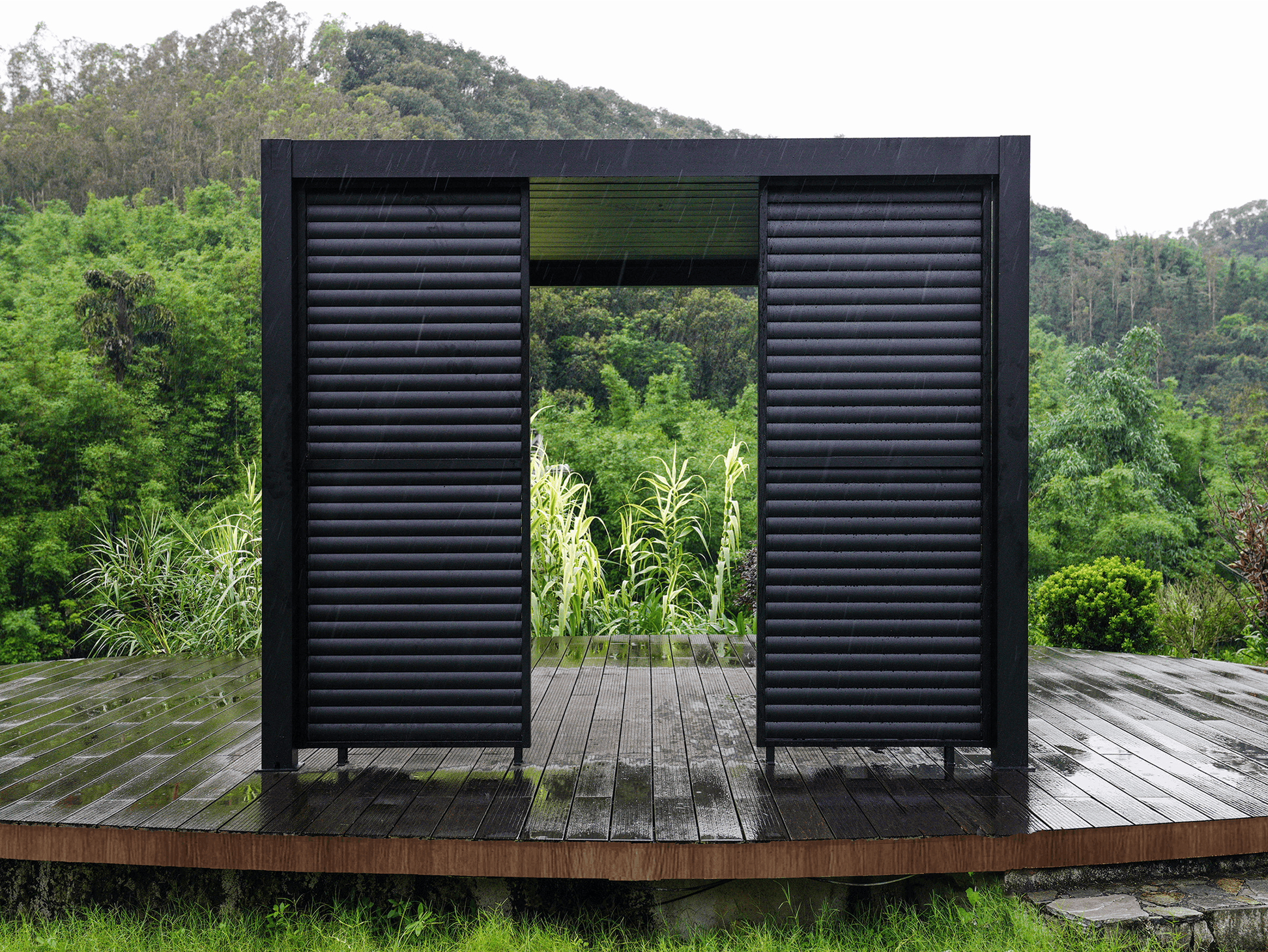 Black Aluminum Slat Wall for Louvre 5 Pergola, a weather-resistant and durable outdoor privacy solution..