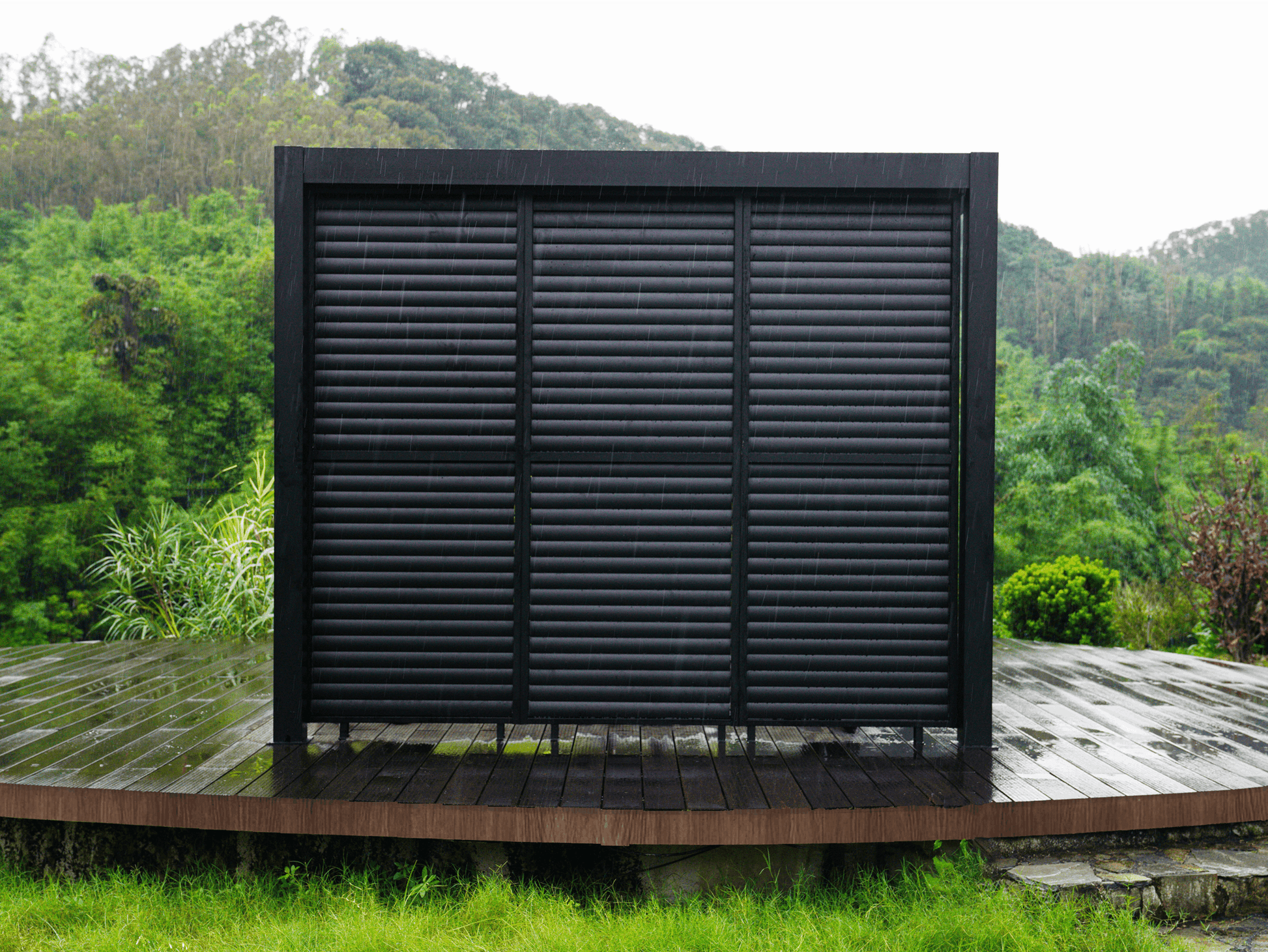 Black Aluminum Slat Wall for Louvre 5 Pergola - Weather-resistant outdoor privacy solution in the rain