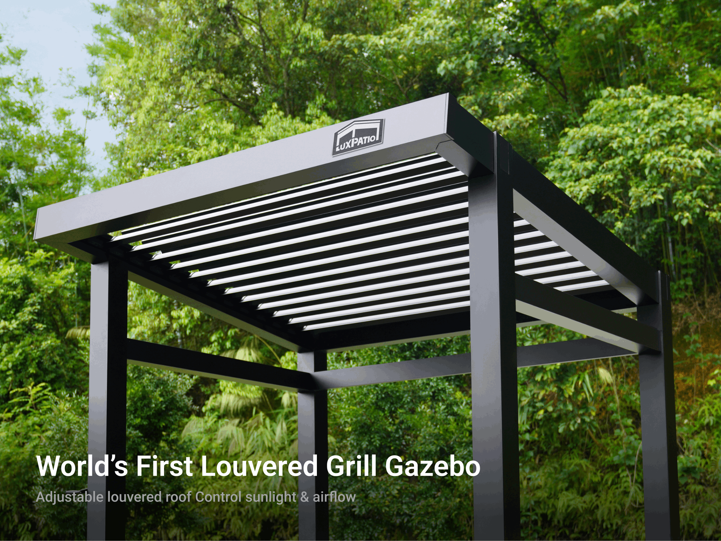 LuxPatio Grill Louvered Pergola Lite, black frame with adjustable louvers for shade and airflow. First louvered grill gazebo.
