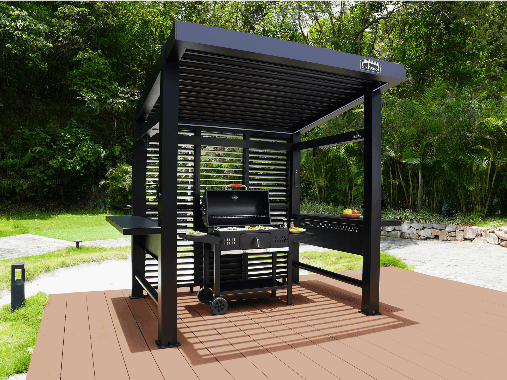 LuxPatio aluminum slat wall outdoor kitchen with grill, perfect for modern outdoor living and backyard entertaining.
