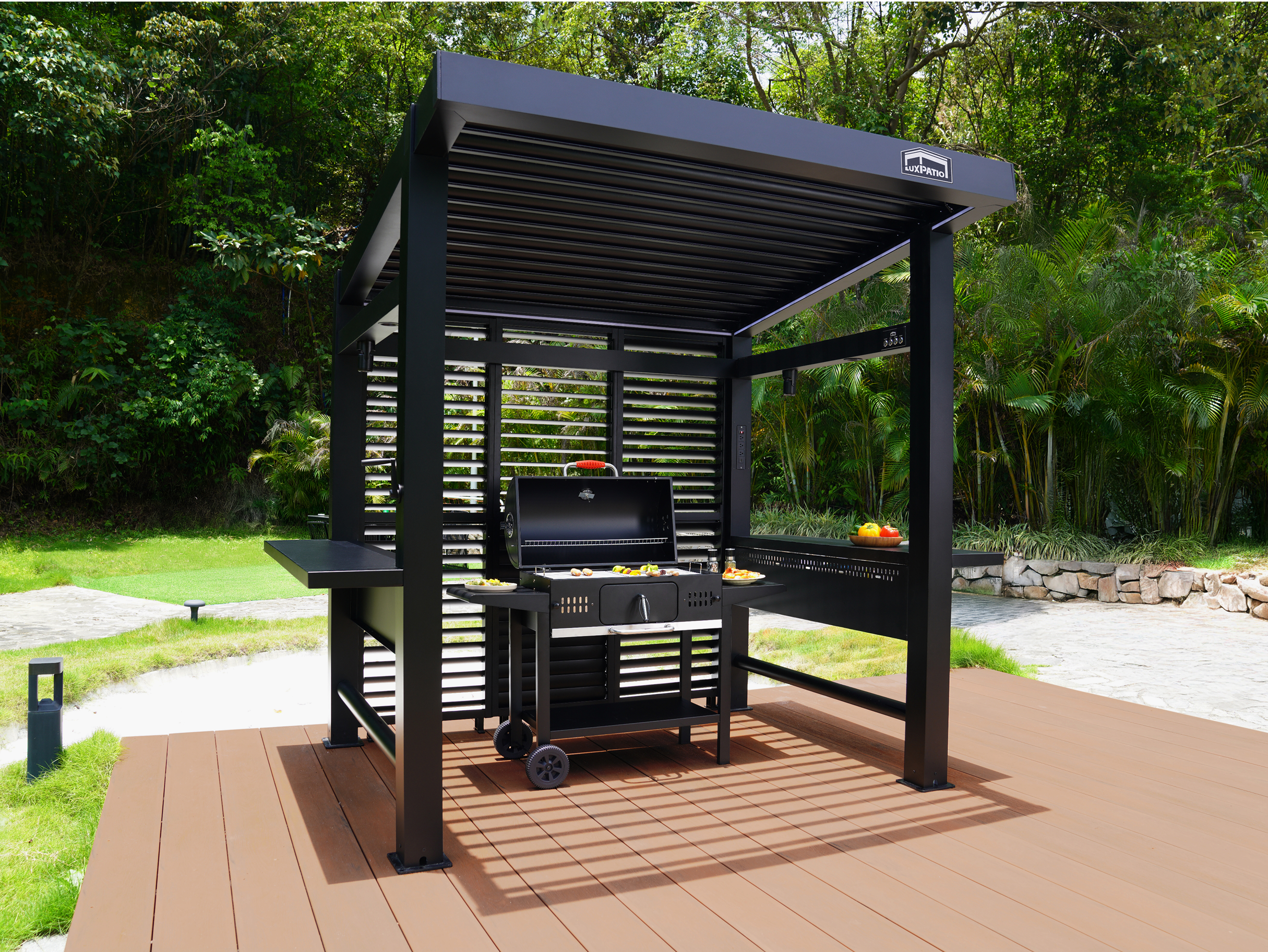 LuxPatio aluminum slat wall outdoor kitchen with grill, perfect for modern outdoor living and backyard entertaining.