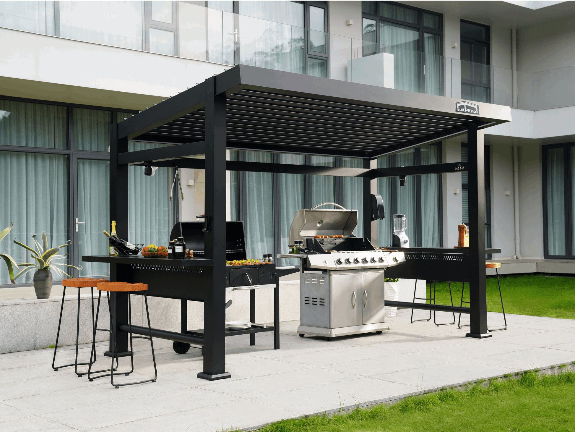 LuxPatio NestGrill: Modern outdoor kitchen design, featuring aluminum slat walls, grill, and sleek black pergola.
