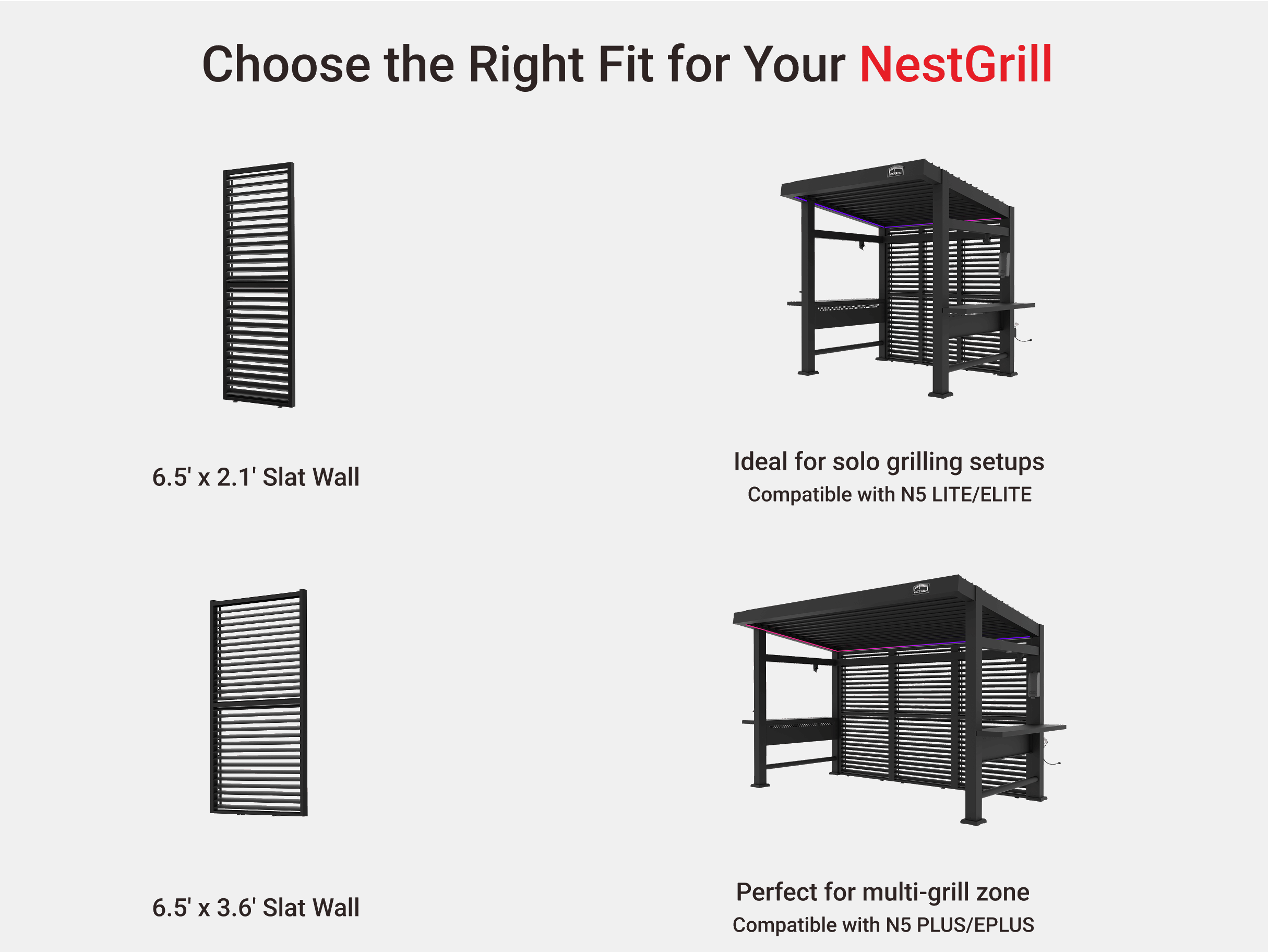 NestGrill aluminum slat wall options: solo & multi-grill setups. Sizes: 6.5' x 2.1' and 6.5' x 3.6'. Compatible with N5 series.