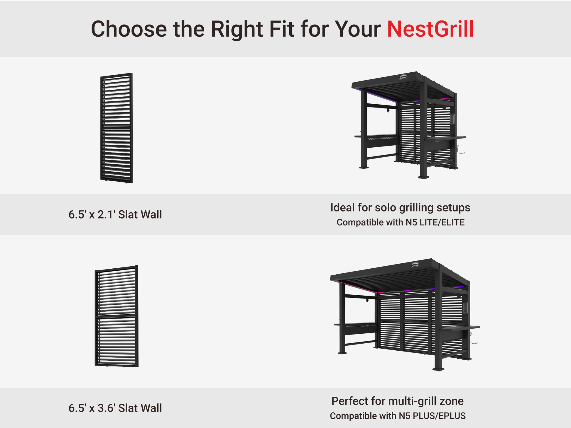 NestGrill aluminum slat wall options: solo & multi-grill setups. Sizes: 6.5' x 2.1' and 6.5' x 3.6'. Compatible with N5 series.
