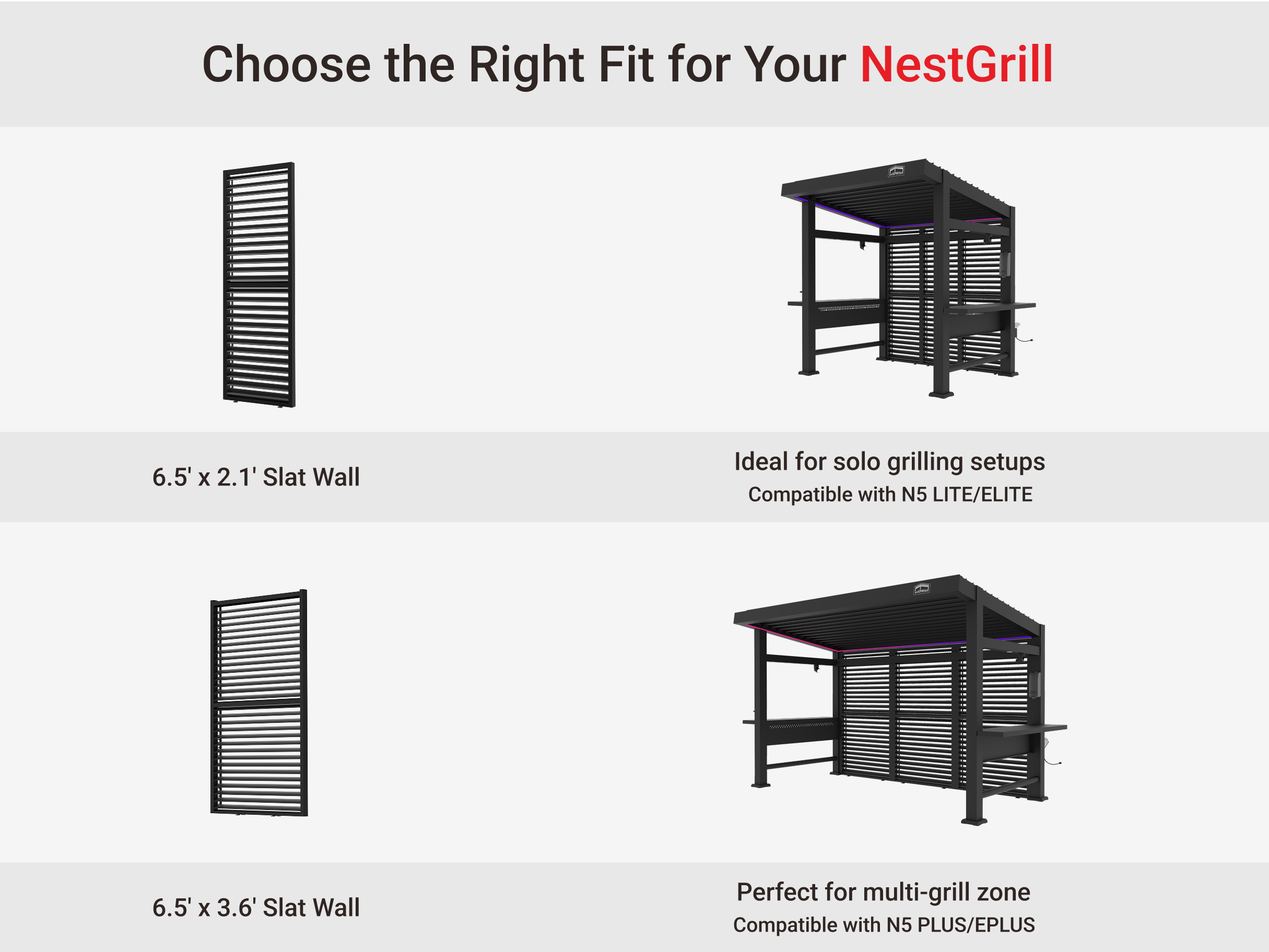 NestGrill aluminum slat wall options: solo & multi-grill setups. Sizes: 6.5' x 2.1' and 6.5' x 3.6'. Compatible with N5 series.