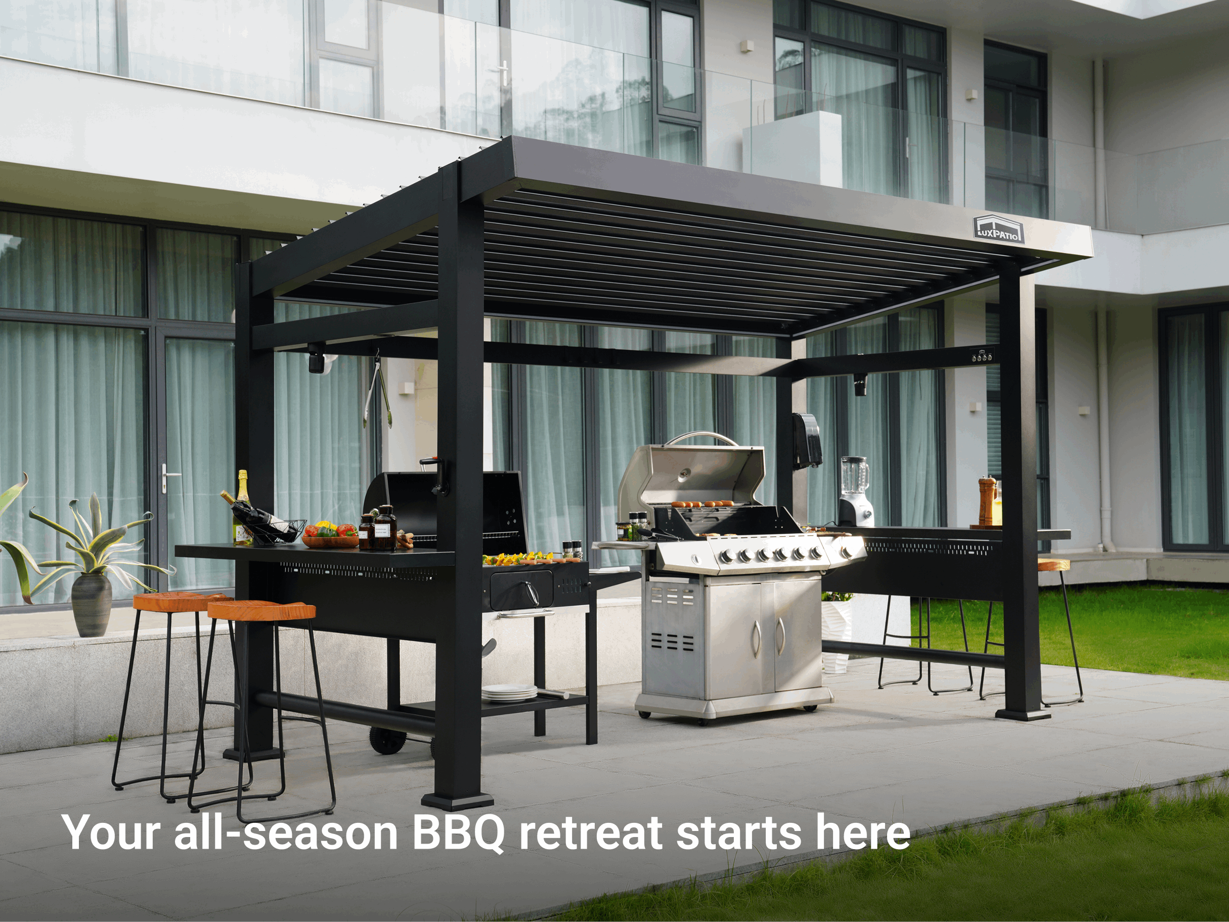 Black Grill Louvered Pergola Pro outdoor grilling setup with stainless steel grill, perfect for outdoor cooking and entertaining.