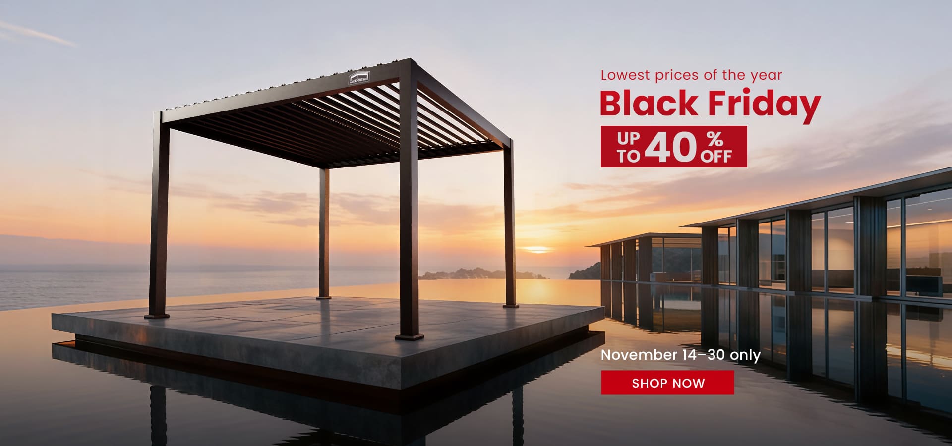 A modern black pergola on a seaside patio at sunset, advertising a Black Friday sale of UP TO 40% OFF.