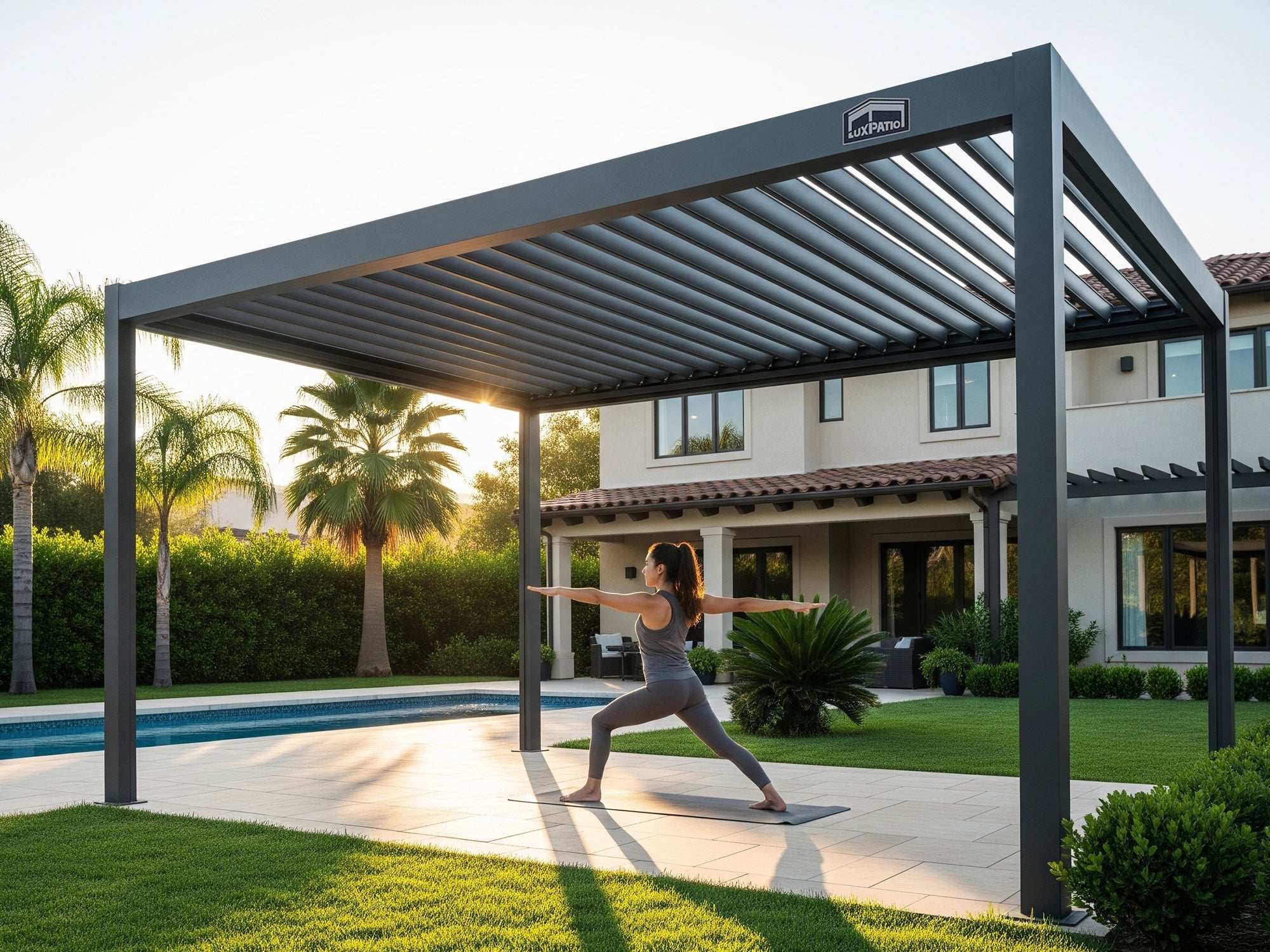 LuxPatio aluminum louvered pergola provides shade for yoga practice in a backyard, creating an elegant outdoor living space.