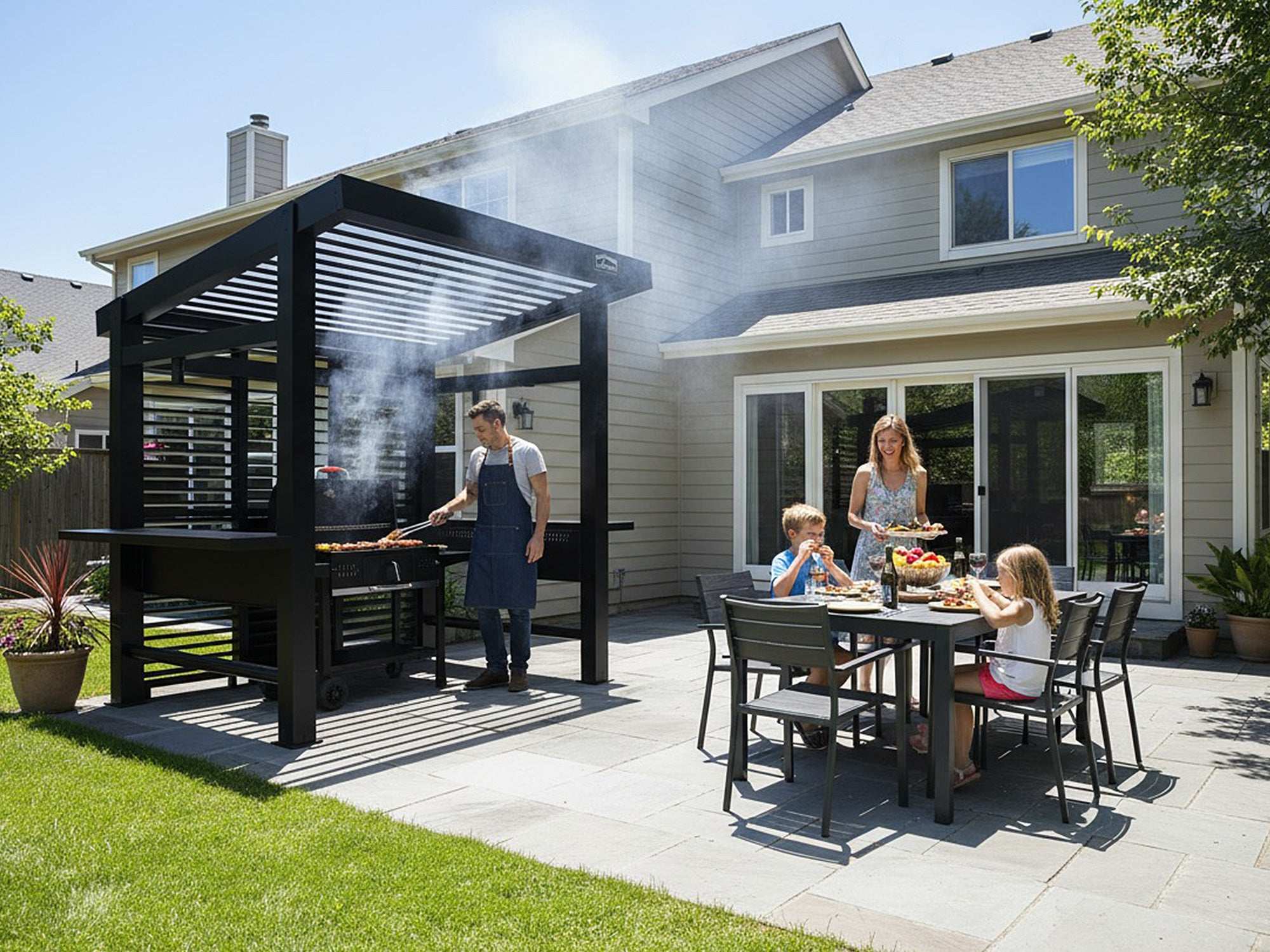 A family enjoying a backyard barbecue, with a man grilling under a black pergola and a woman and children eating at a table.