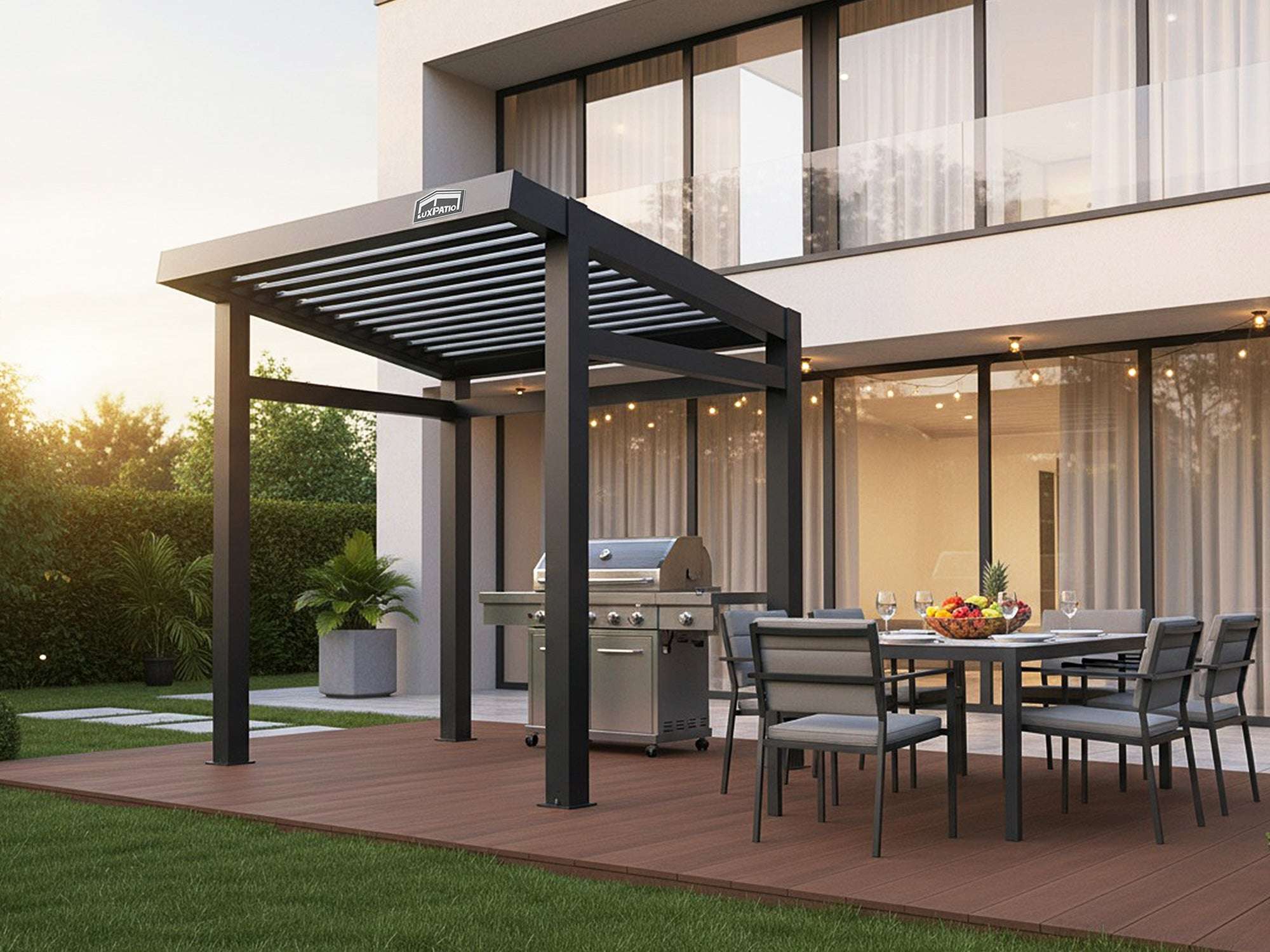 A black louvered pergola covering a dining set and a grill on a wooden deck next to a modern house.